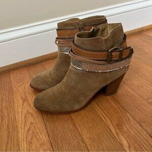 Aldo Women’s Tan Suede Brown Ankle Layered Strappy Western Heel Boots Size 7.5